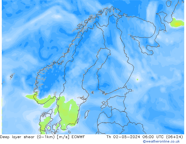 Deep layer shear (0-1km) ECMWF Čt 02.05.2024 06 UTC