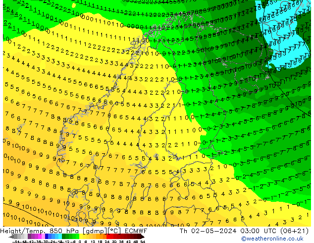 Height/Temp. 850 hPa ECMWF Do 02.05.2024 03 UTC