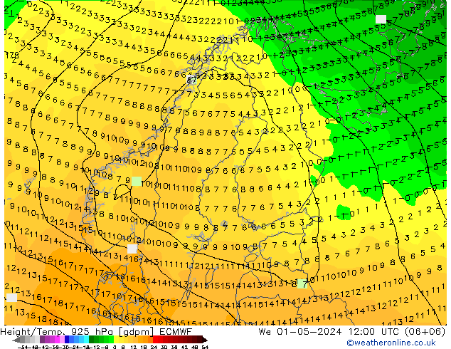 Height/Temp. 925 hPa ECMWF śro. 01.05.2024 12 UTC