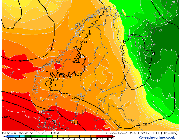 Theta-W 850hPa ECMWF Pá 03.05.2024 06 UTC