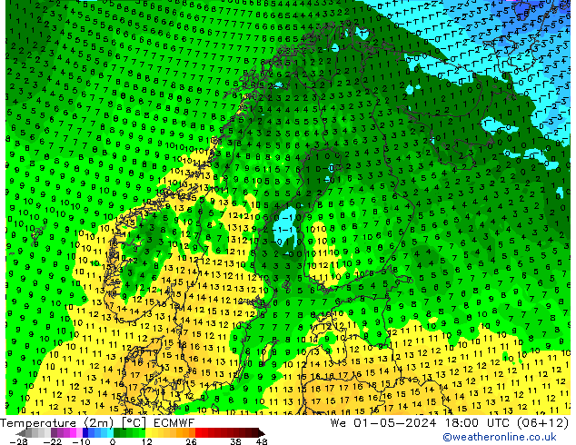 Temperaturkarte (2m) ECMWF Mi 01.05.2024 18 UTC