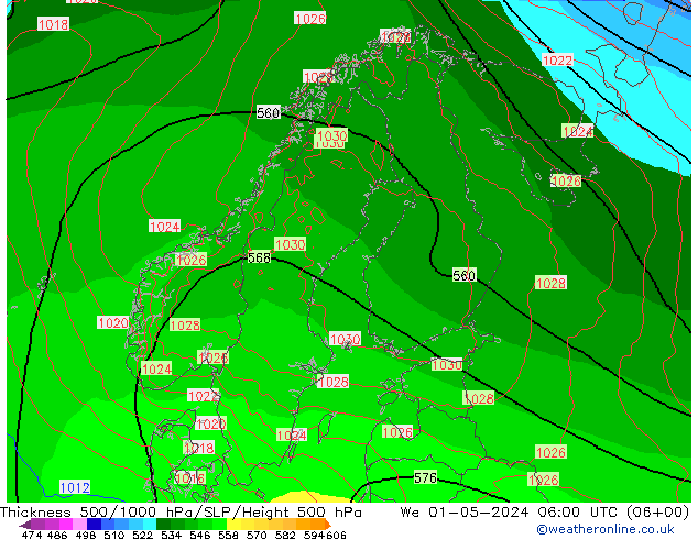 Thck 500-1000hPa ECMWF St 01.05.2024 06 UTC