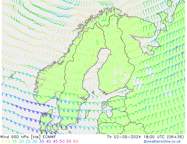 Vento 950 hPa ECMWF gio 02.05.2024 18 UTC