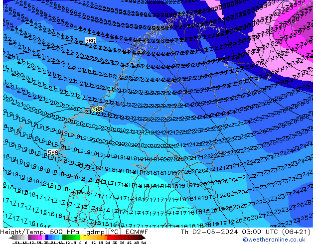 Height/Temp. 500 hPa ECMWF Do 02.05.2024 03 UTC