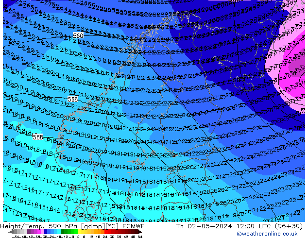 Z500/Rain (+SLP)/Z850 ECMWF Th 02.05.2024 12 UTC