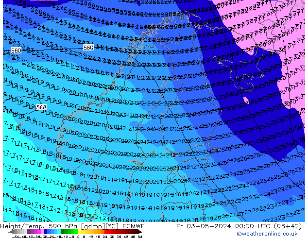 Z500/Rain (+SLP)/Z850 ECMWF ven 03.05.2024 00 UTC