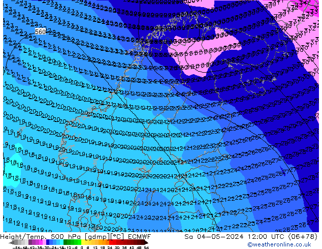 Z500/Rain (+SLP)/Z850 ECMWF сб 04.05.2024 12 UTC