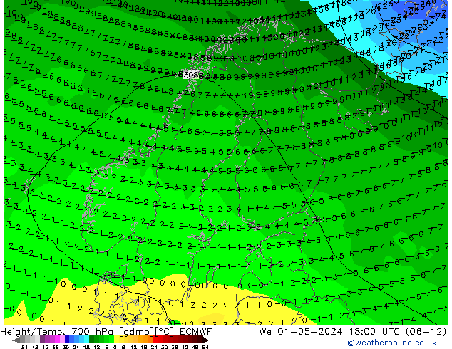 Height/Temp. 700 hPa ECMWF Mi 01.05.2024 18 UTC