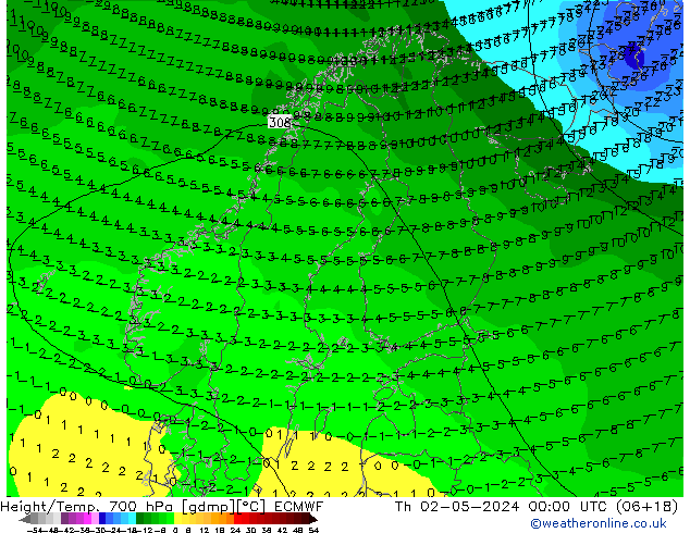 Height/Temp. 700 hPa ECMWF Th 02.05.2024 00 UTC