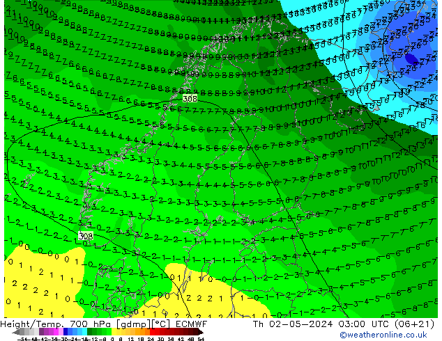 Height/Temp. 700 hPa ECMWF Do 02.05.2024 03 UTC