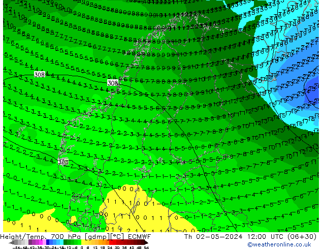 Hoogte/Temp. 700 hPa ECMWF do 02.05.2024 12 UTC