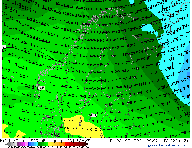 Geop./Temp. 700 hPa ECMWF vie 03.05.2024 00 UTC