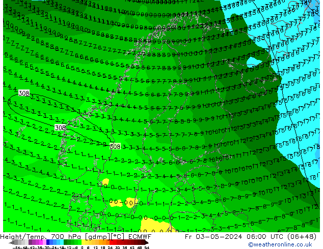 Height/Temp. 700 hPa ECMWF Fr 03.05.2024 06 UTC