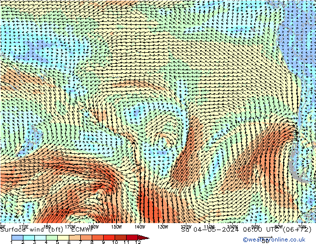 Vento 10 m (bft) ECMWF sab 04.05.2024 06 UTC