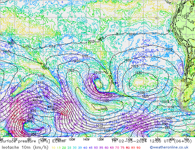 Isotachs (kph) ECMWF Th 02.05.2024 12 UTC