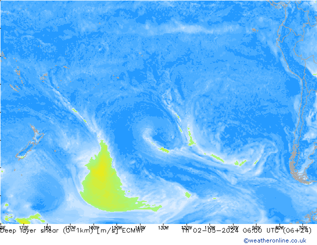 Deep layer shear (0-1km) ECMWF jeu 02.05.2024 06 UTC