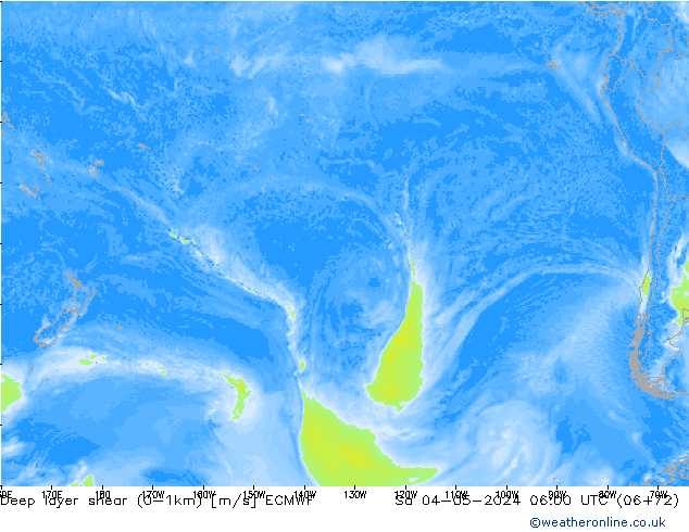 Deep layer shear (0-1km) ECMWF sab 04.05.2024 06 UTC