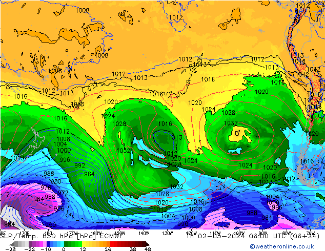 SLP/Temp. 850 hPa ECMWF jeu 02.05.2024 06 UTC