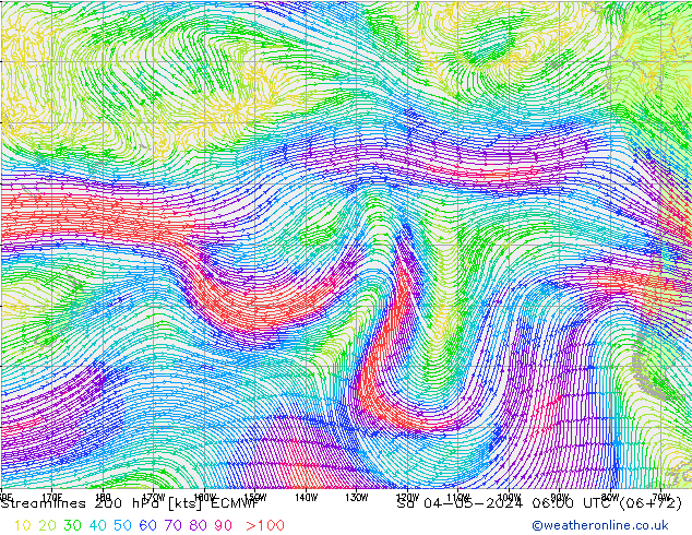 Linea di flusso 200 hPa ECMWF sab 04.05.2024 06 UTC