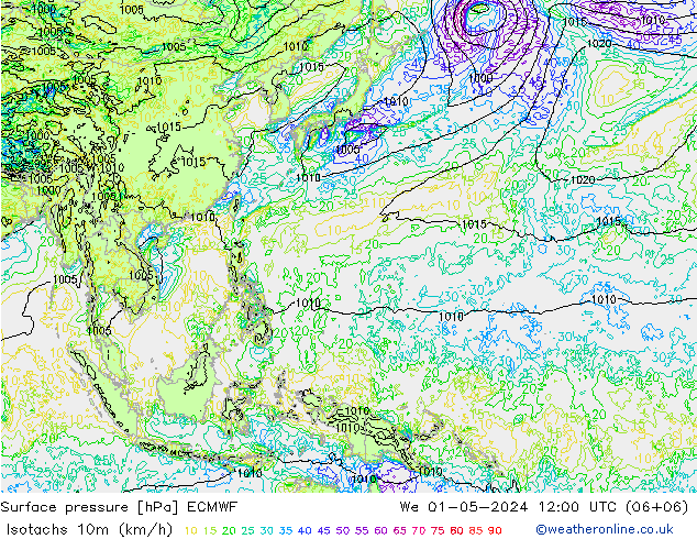 Isotachen (km/h) ECMWF wo 01.05.2024 12 UTC