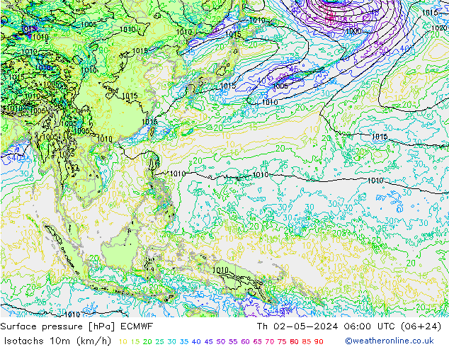 Isotachen (km/h) ECMWF do 02.05.2024 06 UTC