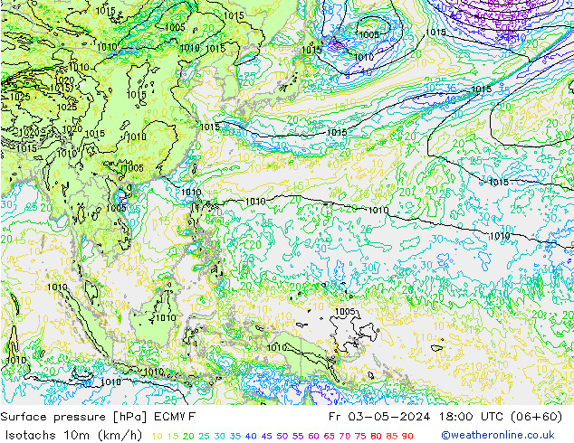 Isotachs (kph) ECMWF ven 03.05.2024 18 UTC