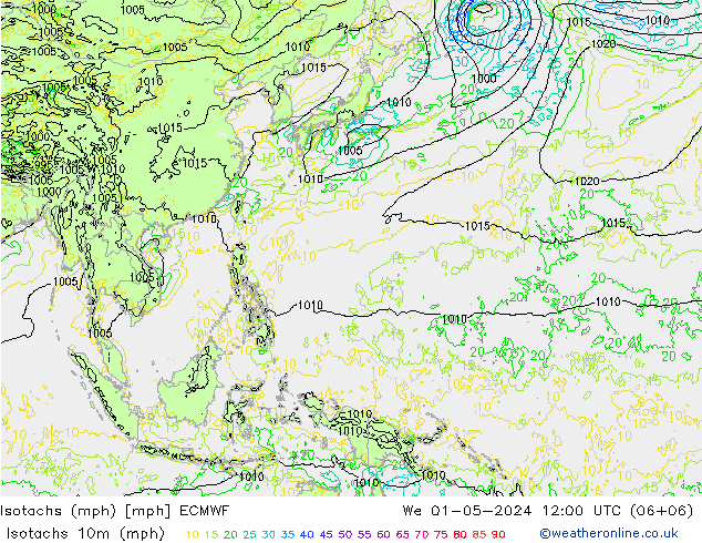 Isotachen (mph) ECMWF wo 01.05.2024 12 UTC