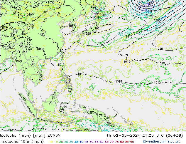 Isotachs (mph) ECMWF Th 02.05.2024 21 UTC