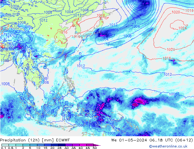 Totale neerslag (12h) ECMWF wo 01.05.2024 18 UTC