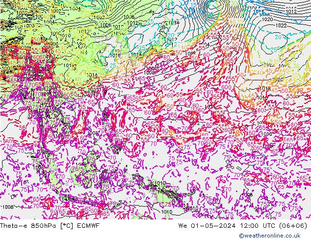 Theta-e 850hPa ECMWF wo 01.05.2024 12 UTC