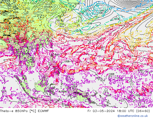 Theta-e 850hPa ECMWF Pá 03.05.2024 18 UTC