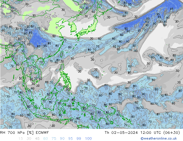 RH 700 hPa ECMWF Čt 02.05.2024 12 UTC