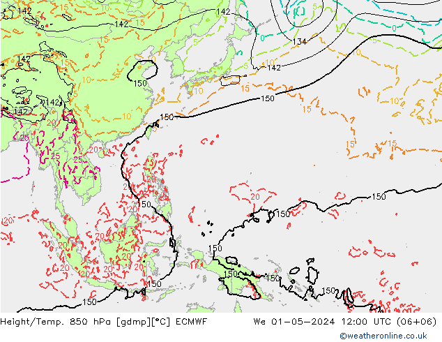 Hoogte/Temp. 850 hPa ECMWF wo 01.05.2024 12 UTC
