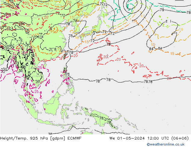 Hoogte/Temp. 925 hPa ECMWF wo 01.05.2024 12 UTC