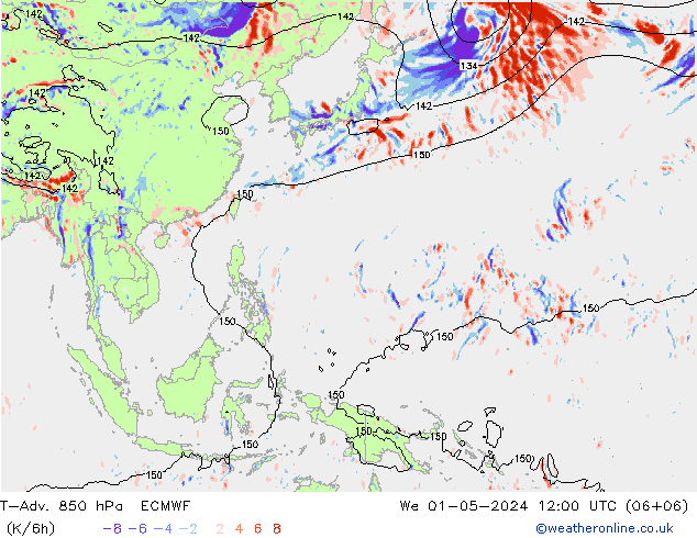 T-Adv. 850 hPa ECMWF wo 01.05.2024 12 UTC