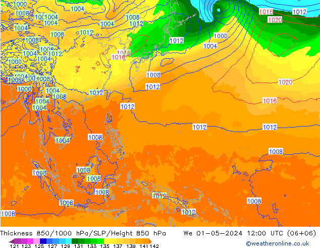 Dikte 850-1000 hPa ECMWF wo 01.05.2024 12 UTC