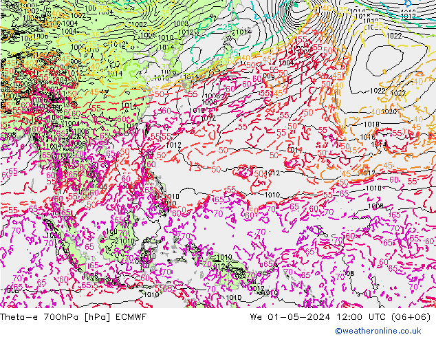 Theta-e 700hPa ECMWF wo 01.05.2024 12 UTC