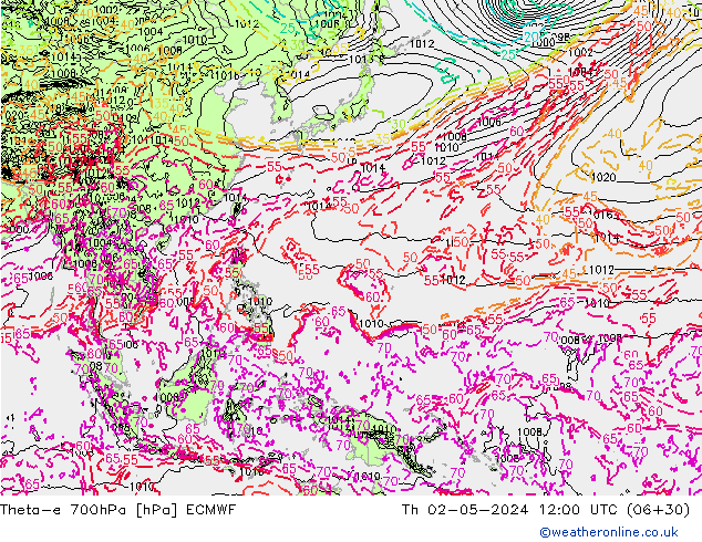 Theta-e 700hPa ECMWF gio 02.05.2024 12 UTC