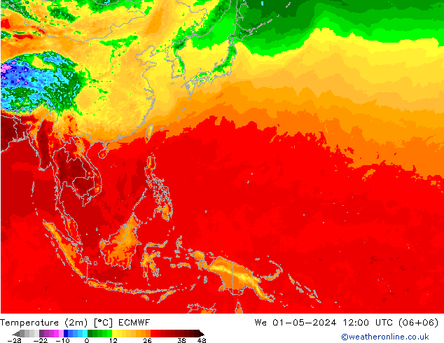 Temperatuurkaart (2m) ECMWF wo 01.05.2024 12 UTC