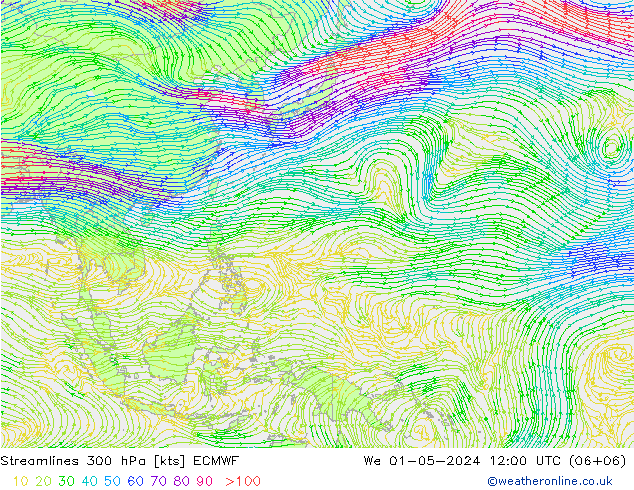 Stroomlijn 300 hPa ECMWF wo 01.05.2024 12 UTC