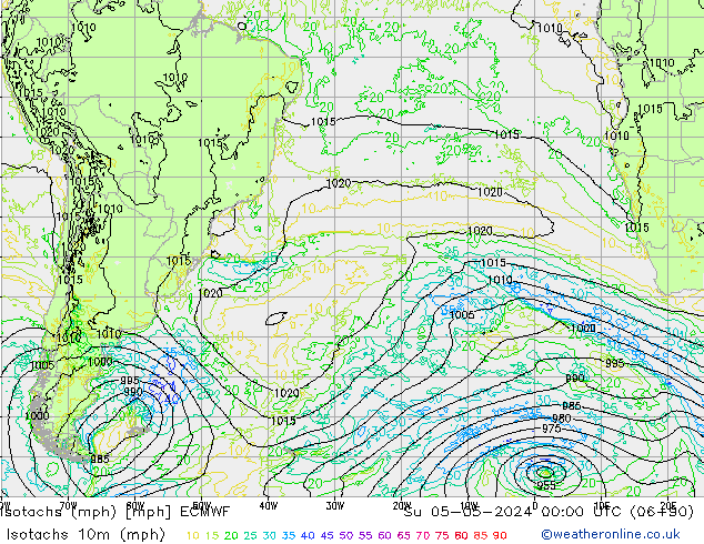 Isotachs (mph) ECMWF dom 05.05.2024 00 UTC