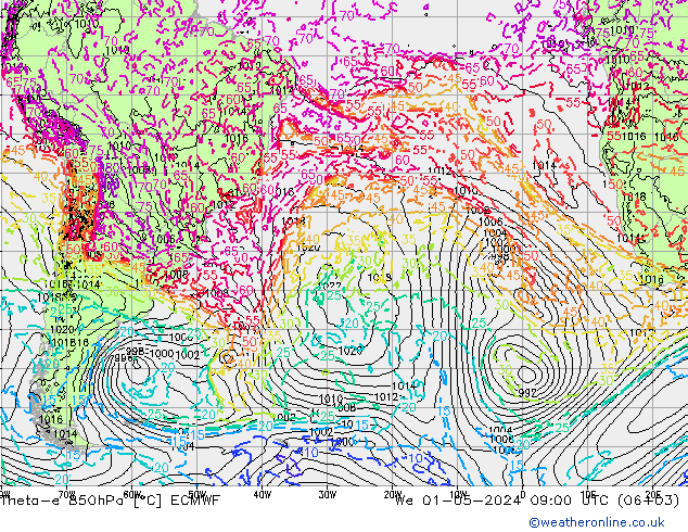 Theta-e 850hPa ECMWF wo 01.05.2024 09 UTC