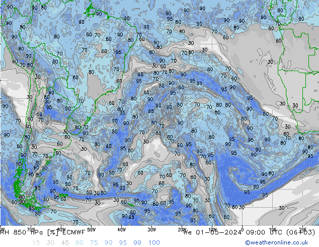 RH 850 hPa ECMWF We 01.05.2024 09 UTC