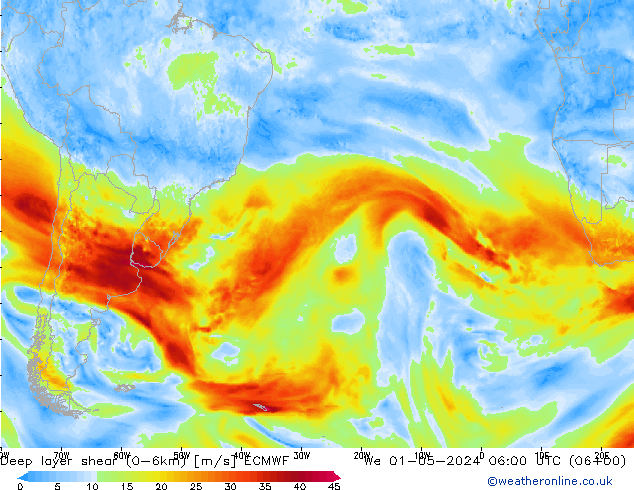 Deep layer shear (0-6km) ECMWF St 01.05.2024 06 UTC