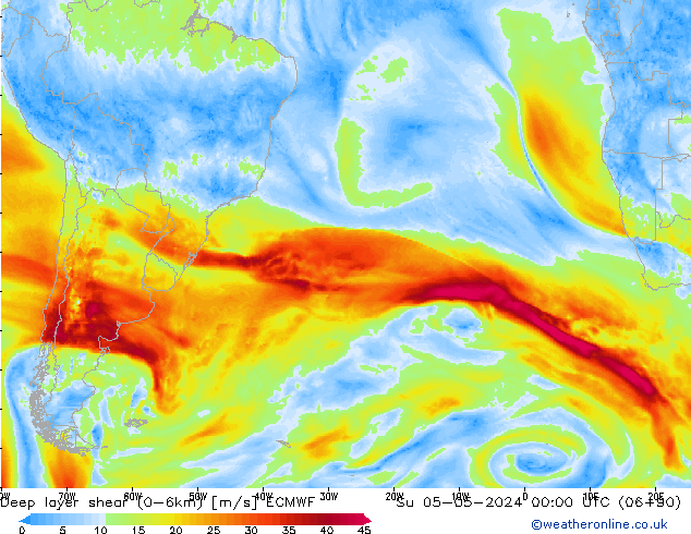 Deep layer shear (0-6km) ECMWF dom 05.05.2024 00 UTC