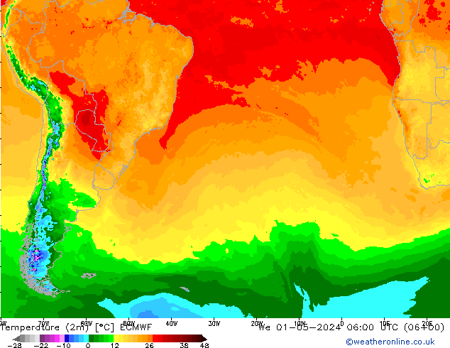 Temperature (2m) ECMWF We 01.05.2024 06 UTC