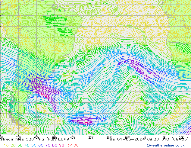 Streamlines 500 hPa ECMWF We 01.05.2024 09 UTC