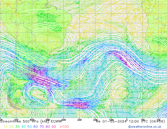 Streamlines 500 hPa ECMWF We 01.05.2024 12 UTC