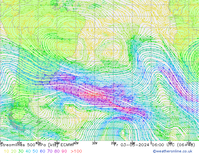 Línea de corriente 500 hPa ECMWF vie 03.05.2024 06 UTC