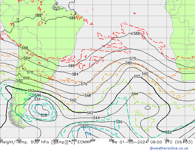 Height/Temp. 500 hPa ECMWF St 01.05.2024 09 UTC